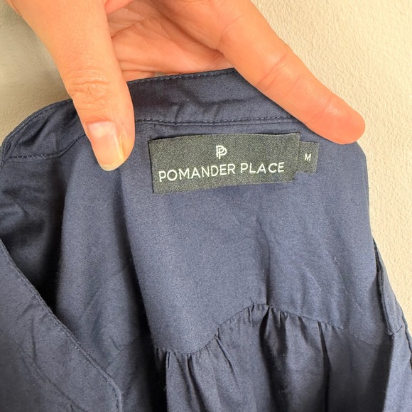 Pomander Place Kenzo Poplin Mini Dress Navy Blue Cotton Smocked Puff Sleeve Med. - Picture 8 of 8